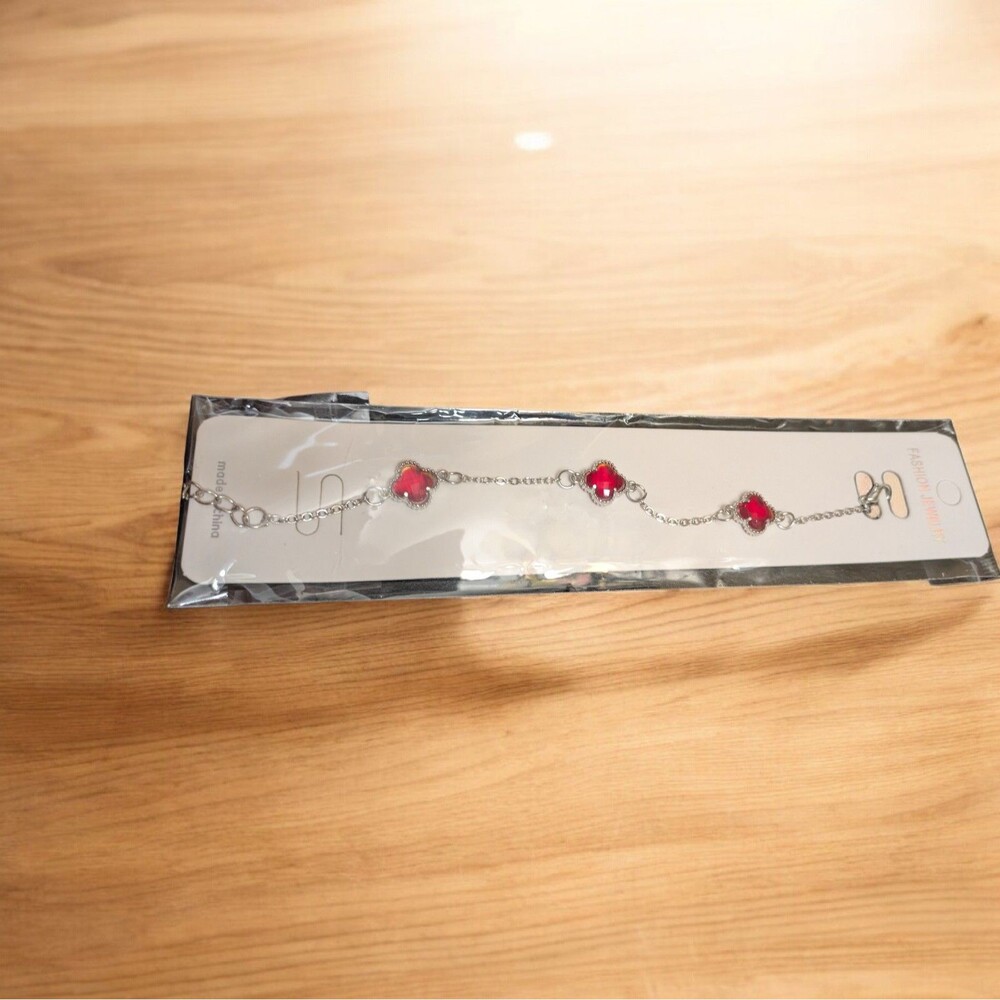 Red Clover Charm Bracelet | Silver Tone Chain Jewelry - Picture 3 of 3